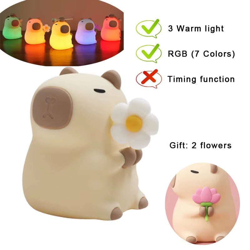LED Night Lights for Children Bedroom Cute Animal Mango Capybara Lamp Touch Sensor Dimmable USB Rechargeable RGB Timing Gift